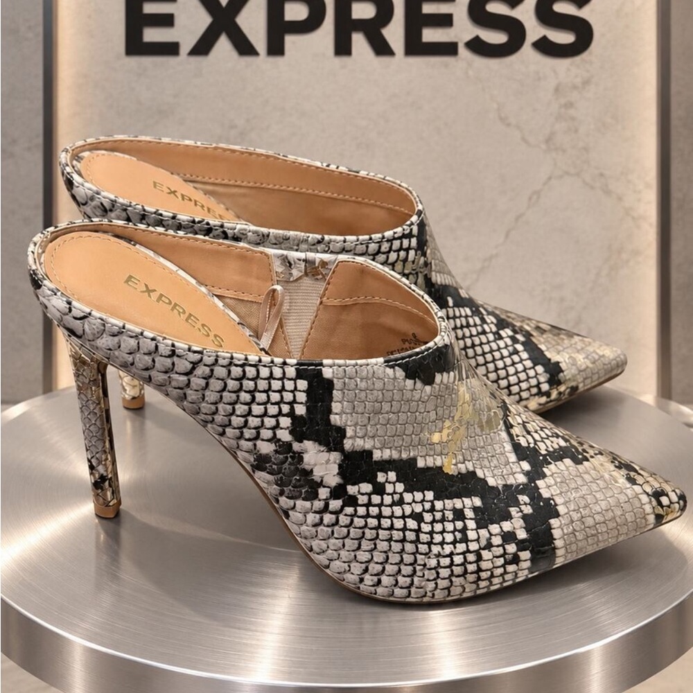 Express Snake-Print Pointed Toe Mules in Black & Gray